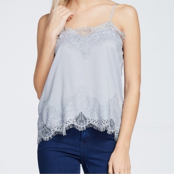 Storia Tops - Storia Blue Gray Lace Trim Camisole Top With Adjustable Spaghetti Straps